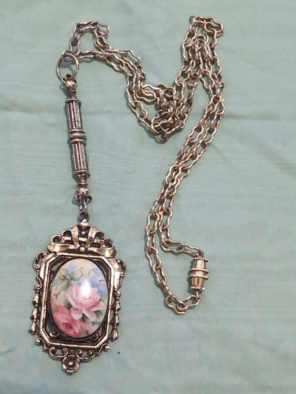 Vintage Gold Floral Porcelain Pendant Necklace - Women Jewelry